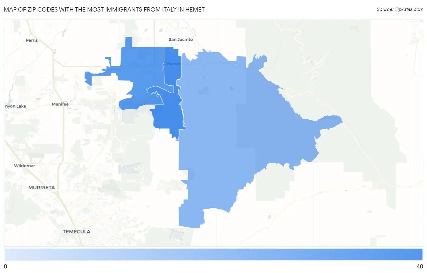 Zip Codes with the Most Immigrants from Italy in Hemet Map