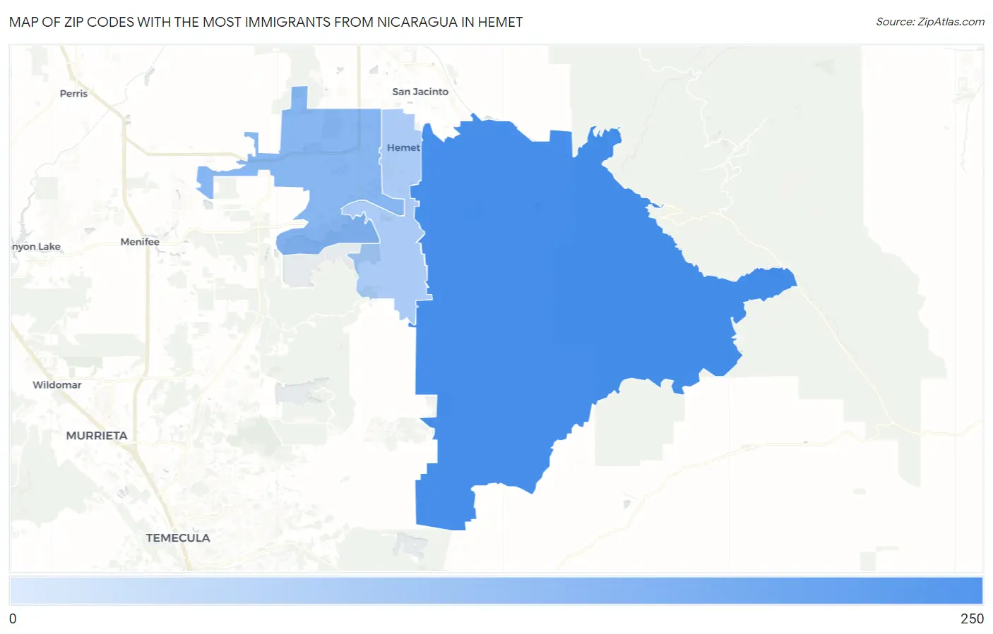 Zip Codes with the Most Immigrants from Nicaragua in Hemet Map