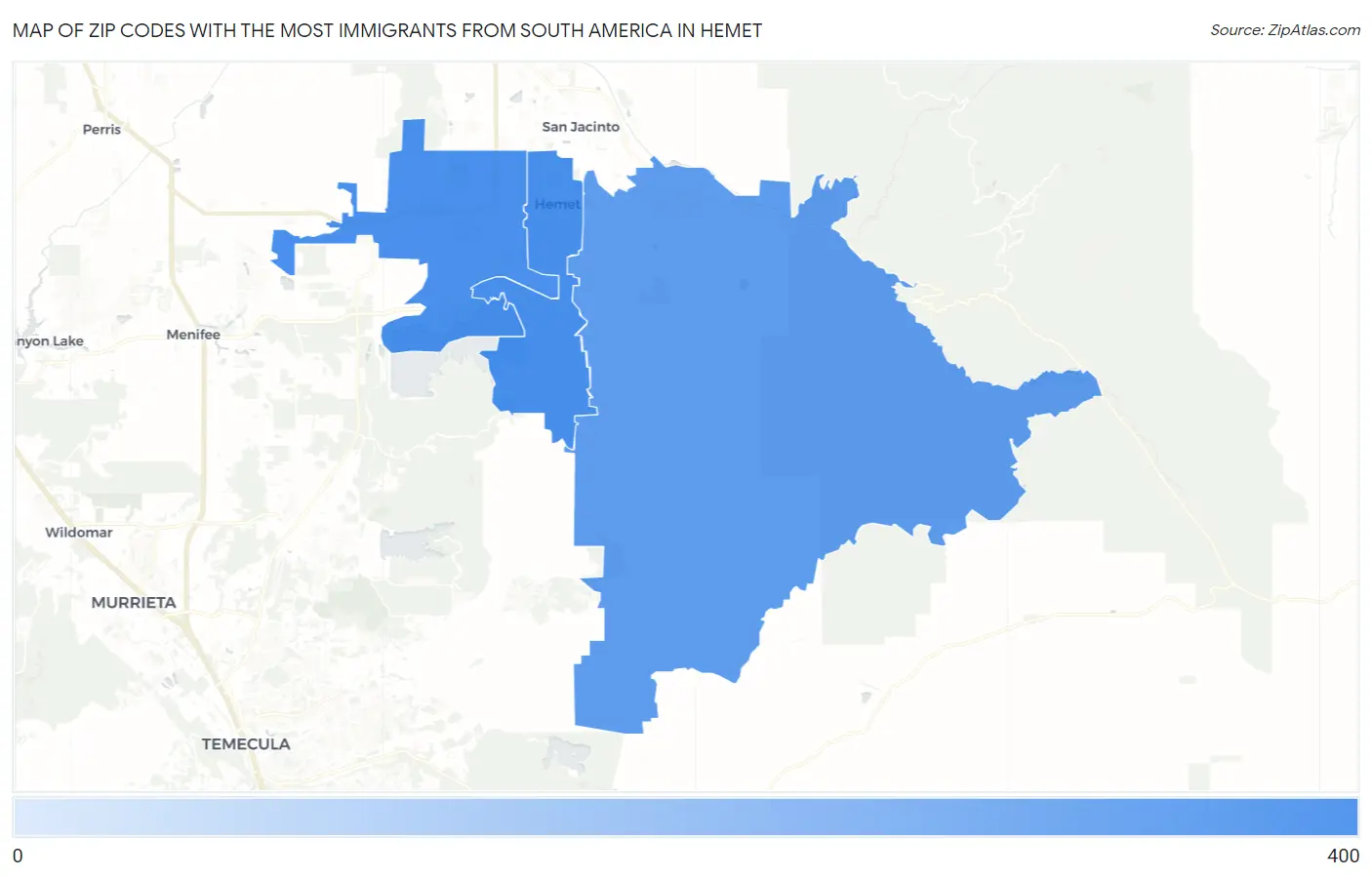 Zip Codes with the Most Immigrants from South America in Hemet Map