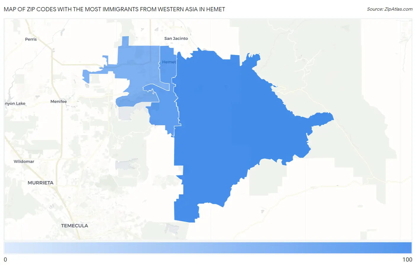 Zip Codes with the Most Immigrants from Western Asia in Hemet Map