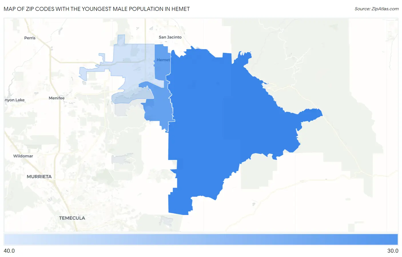Zip Codes with the Youngest Male Population in Hemet Map