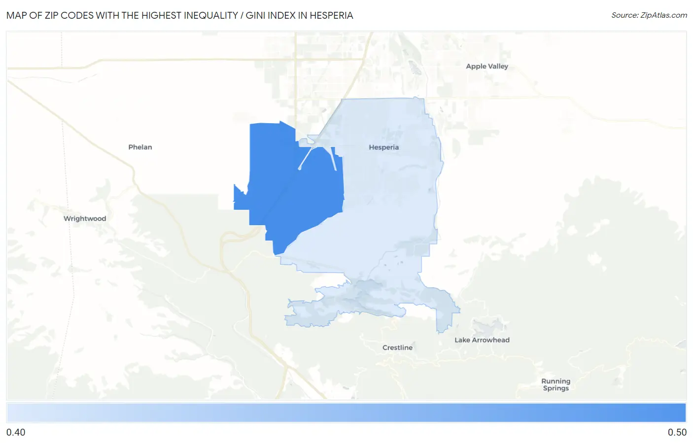 Zip Codes with the Highest Inequality / Gini Index in Hesperia Map