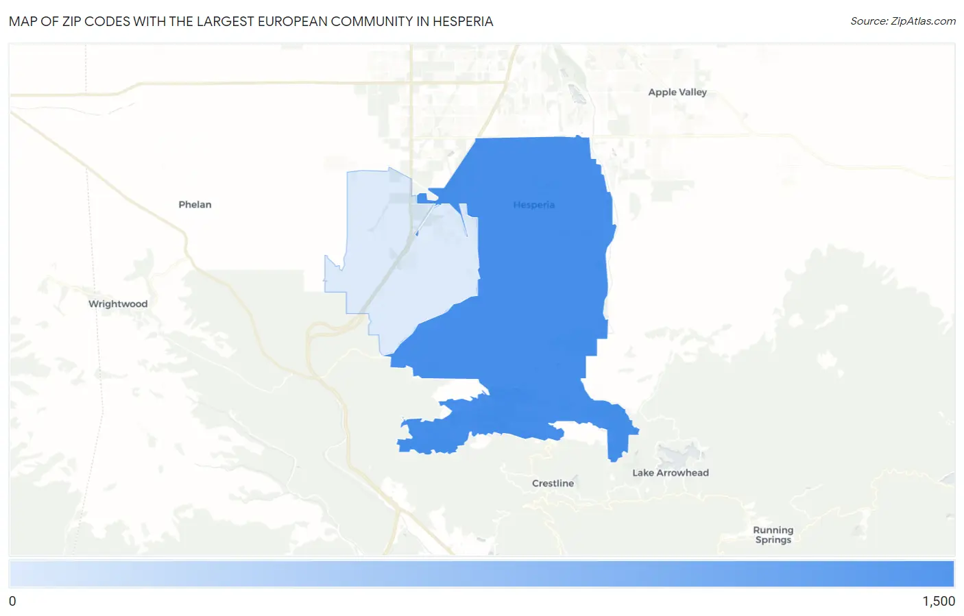 Zip Codes with the Largest European Community in Hesperia Map
