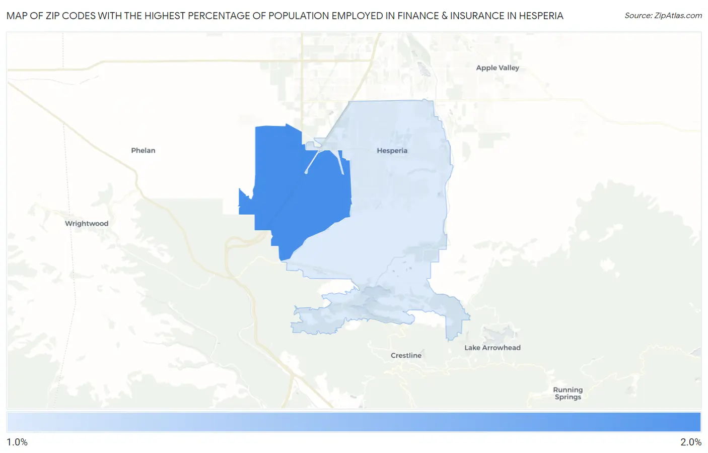 Zip Codes with the Highest Percentage of Population Employed in Finance & Insurance in Hesperia Map