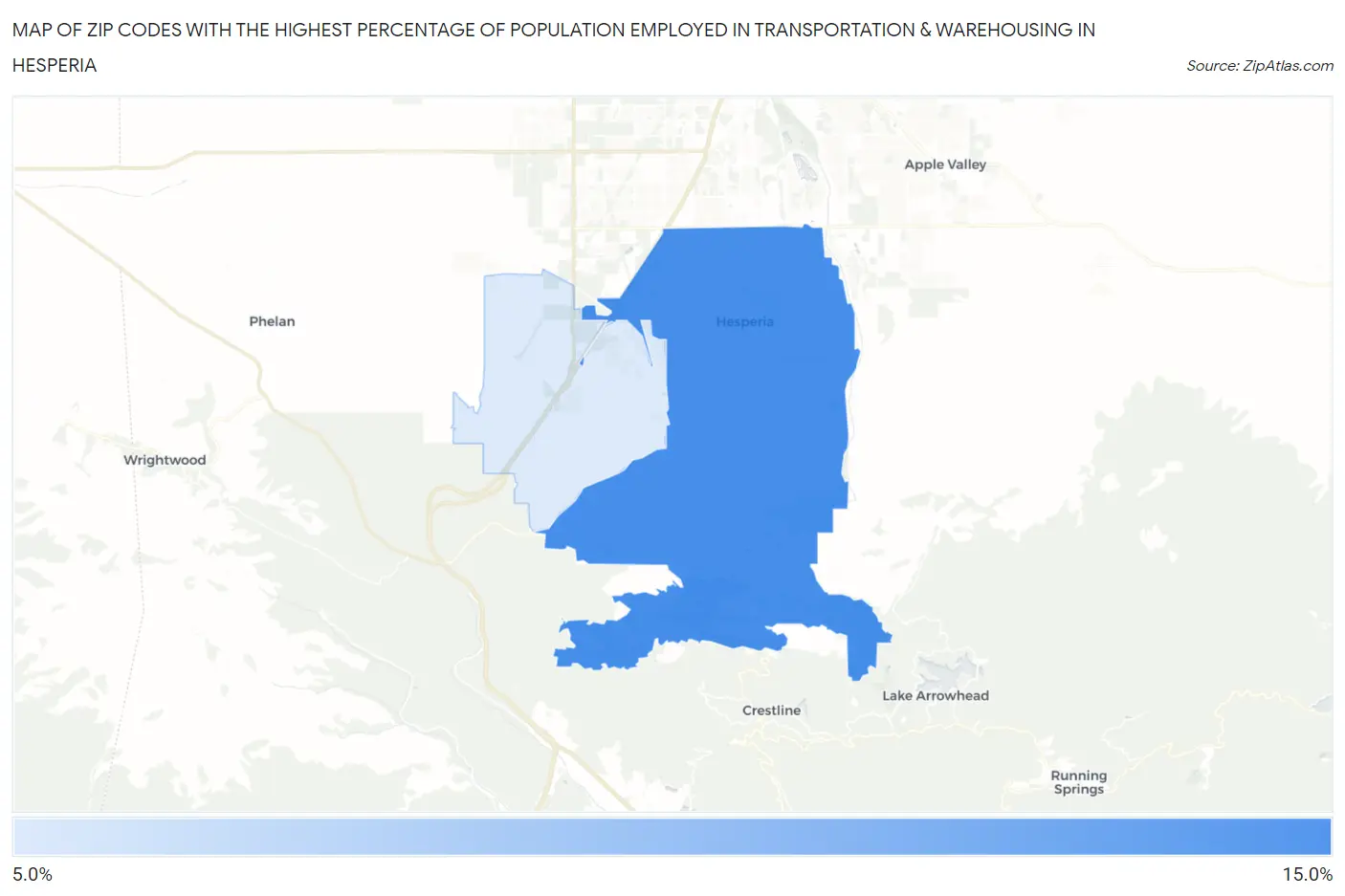 Zip Codes with the Highest Percentage of Population Employed in Transportation & Warehousing in Hesperia Map