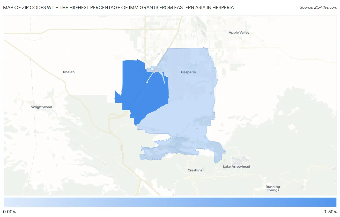 Zip Codes with the Highest Percentage of Immigrants from Eastern Asia in Hesperia Map