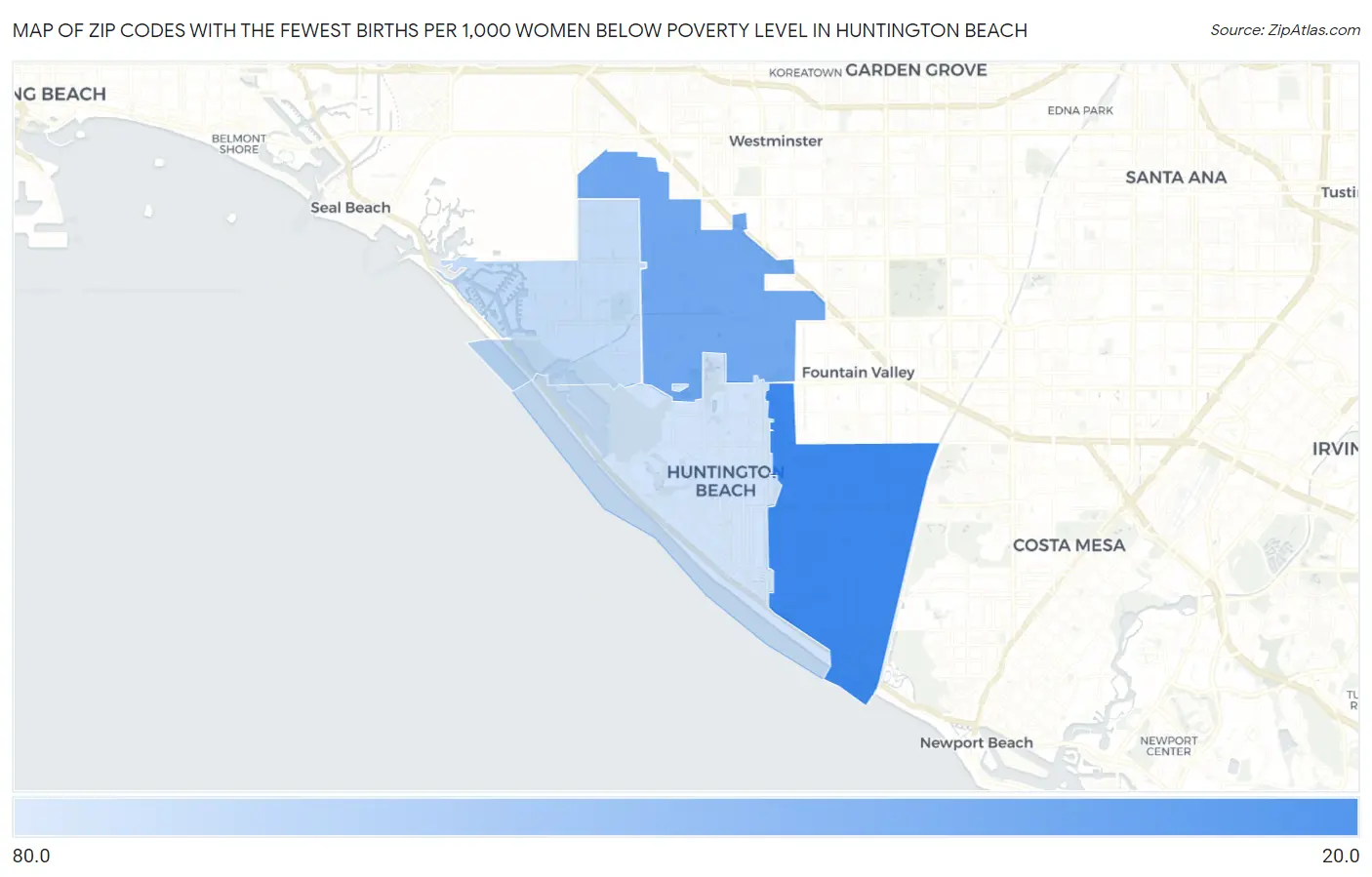 Zip Codes with the Fewest Births per 1,000 Women Below Poverty Level in Huntington Beach Map