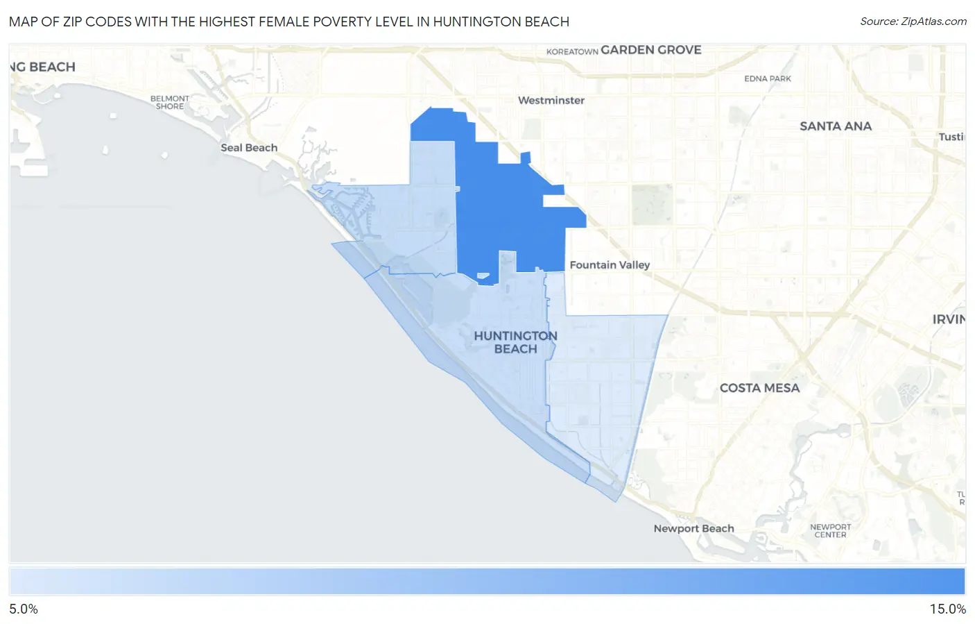 Zip Codes with the Highest Female Poverty Level in Huntington Beach Map