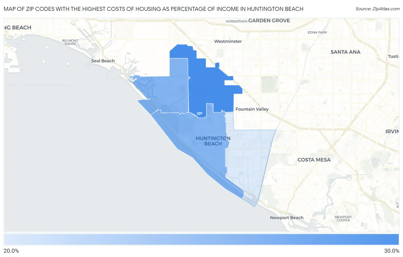 Zip Codes with the Highest Costs of Housing as Percentage of Income in Huntington Beach Map