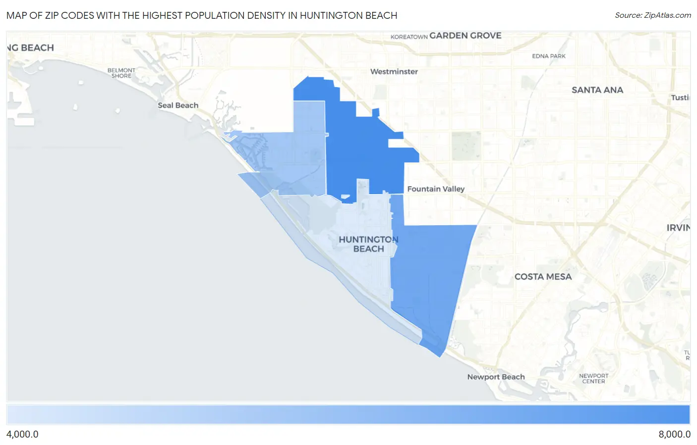 Zip Codes with the Highest Population Density in Huntington Beach Map