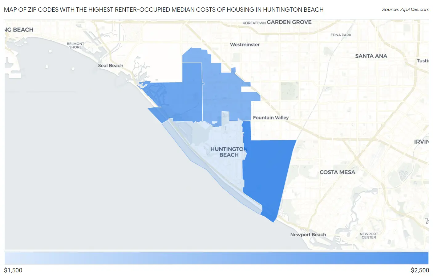 Zip Codes with the Highest Renter-Occupied Median Costs of Housing in Huntington Beach Map