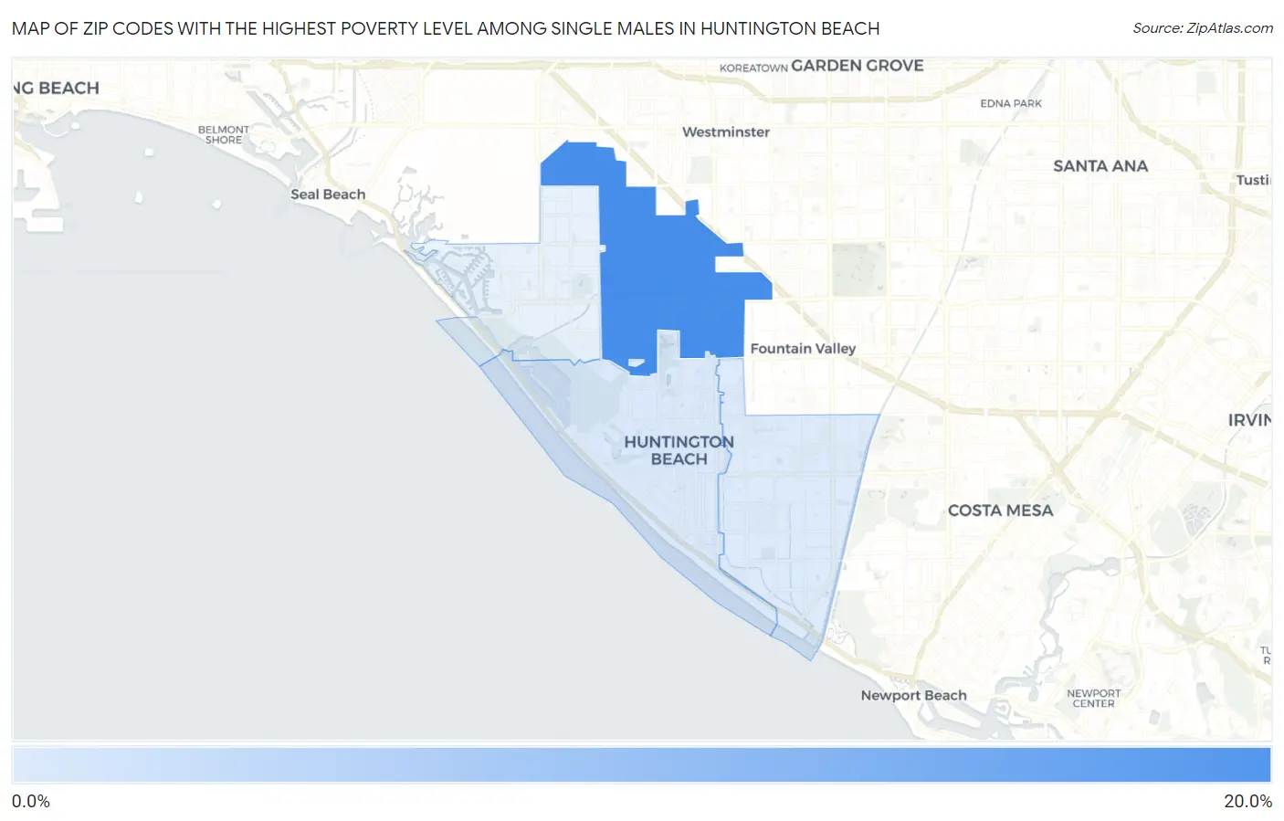 Zip Codes with the Highest Poverty Level Among Single Males in Huntington Beach Map