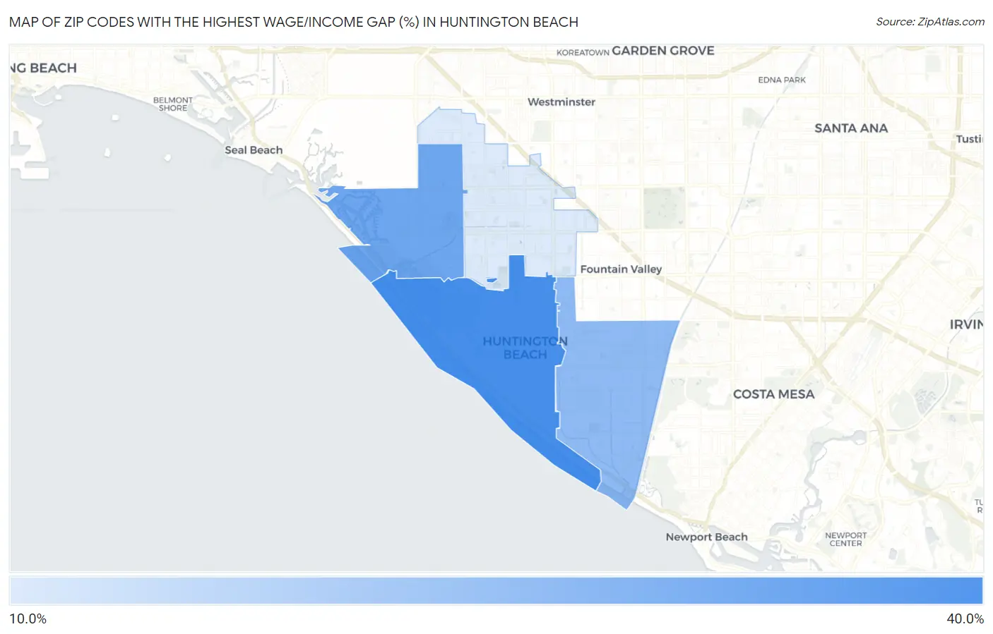 Zip Codes with the Highest Wage/Income Gap (%) in Huntington Beach Map