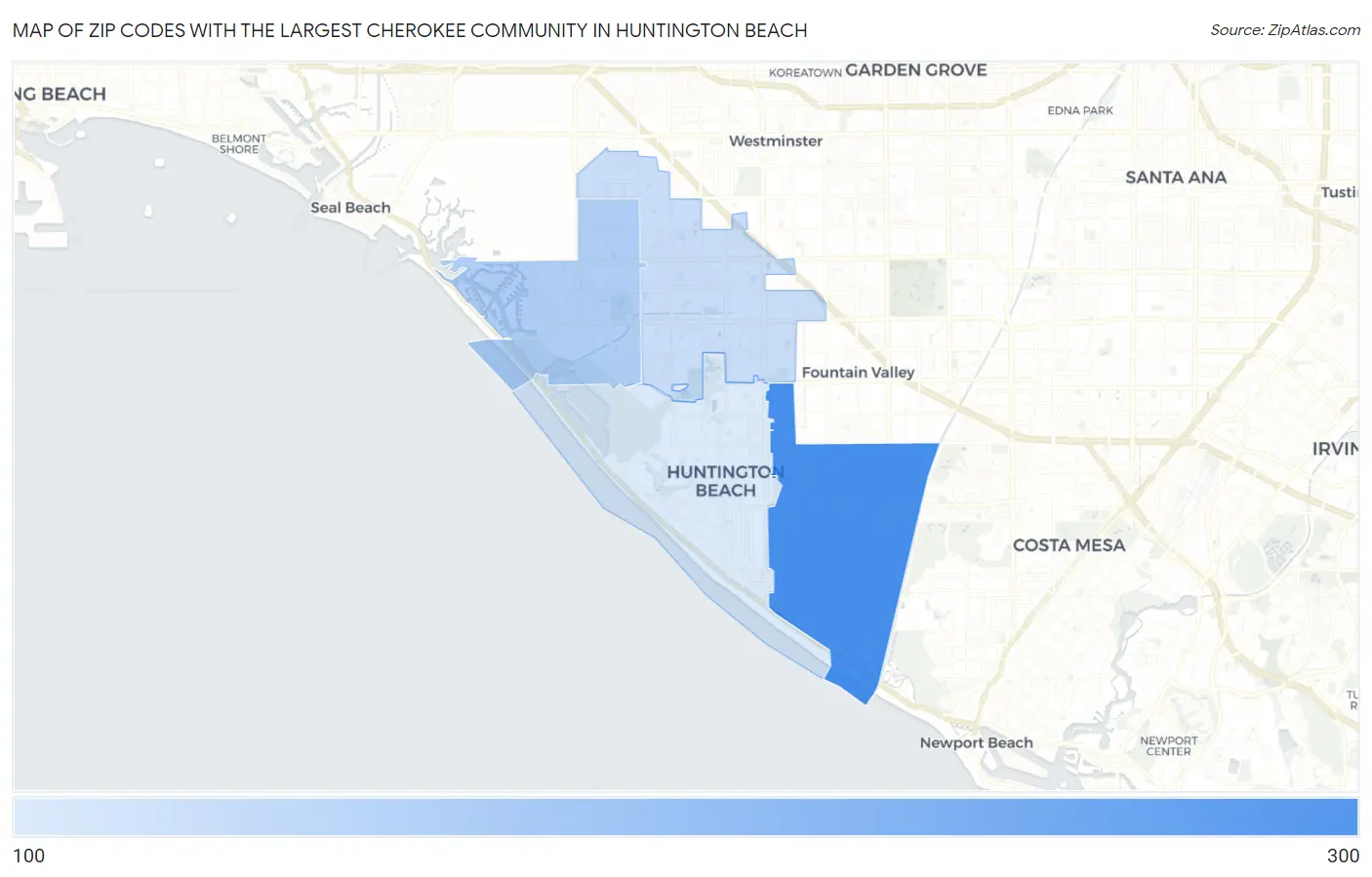 Zip Codes with the Largest Cherokee Community in Huntington Beach Map