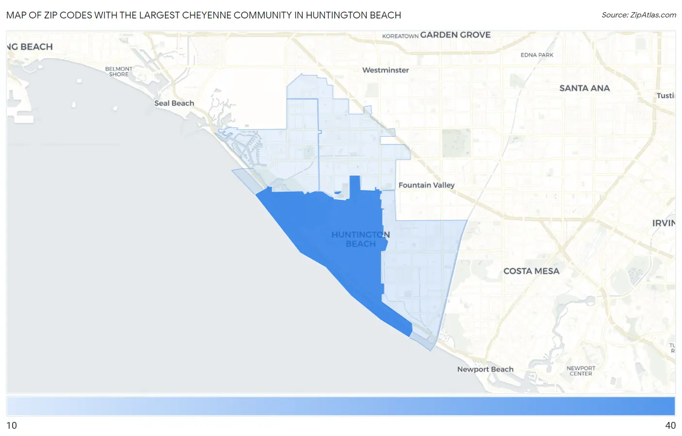 Zip Codes with the Largest Cheyenne Community in Huntington Beach Map