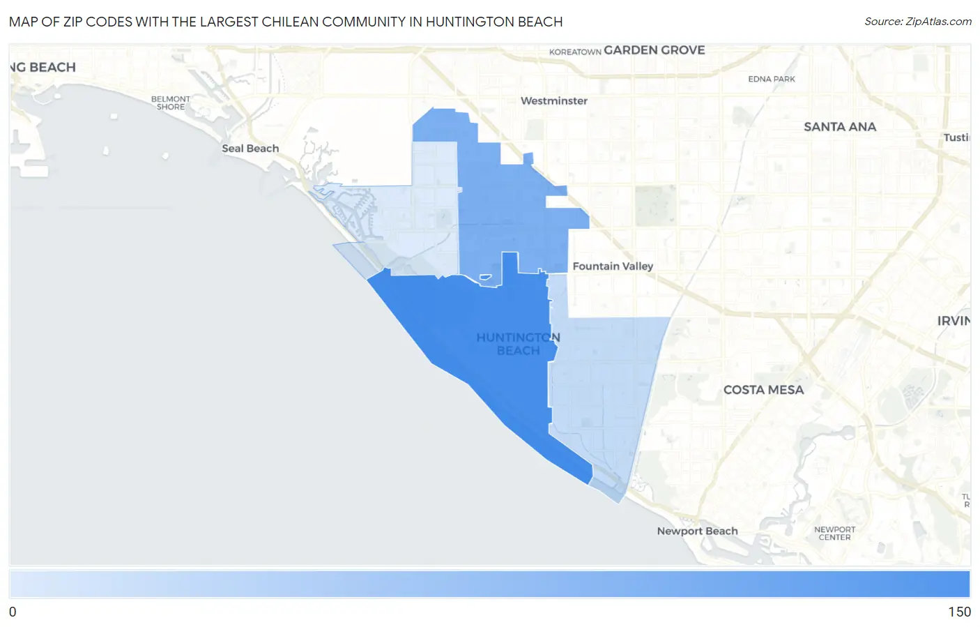 Zip Codes with the Largest Chilean Community in Huntington Beach Map