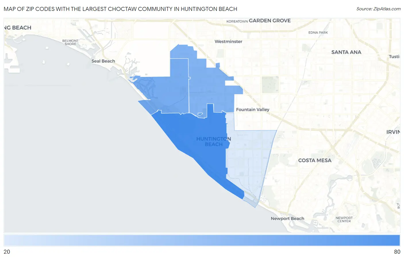 Zip Codes with the Largest Choctaw Community in Huntington Beach Map