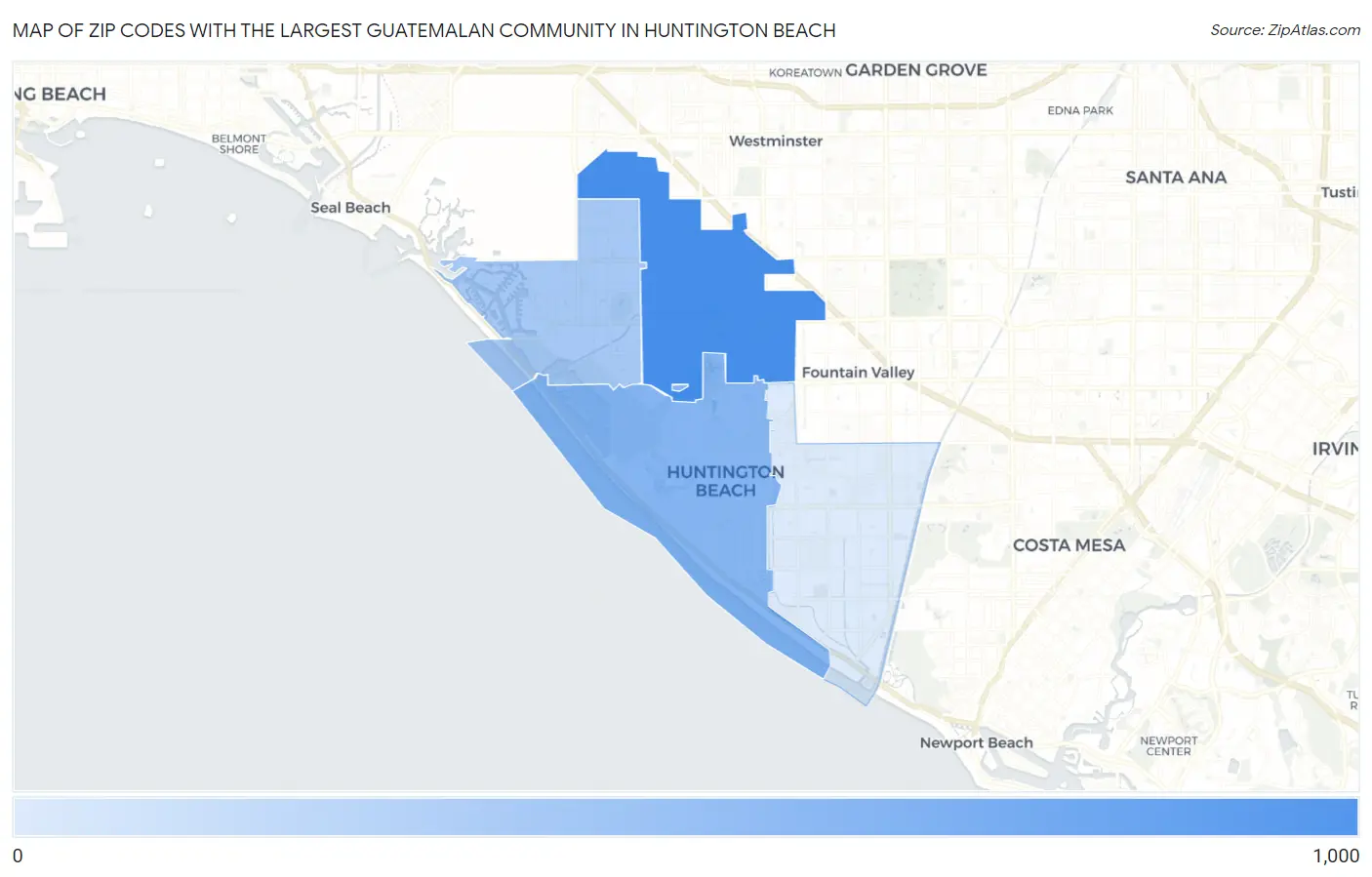 Zip Codes with the Largest Guatemalan Community in Huntington Beach Map