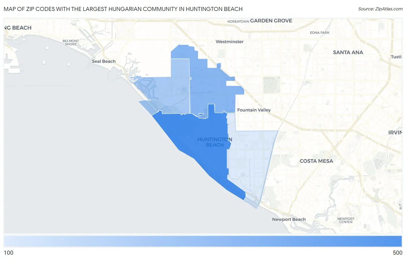 Zip Codes with the Largest Hungarian Community in Huntington Beach Map