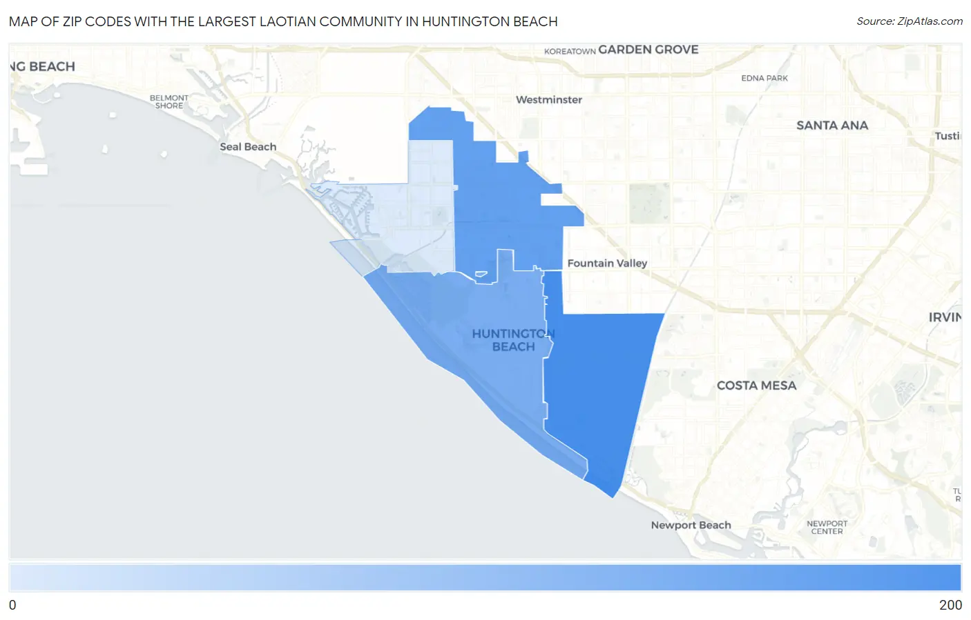 Zip Codes with the Largest Laotian Community in Huntington Beach Map
