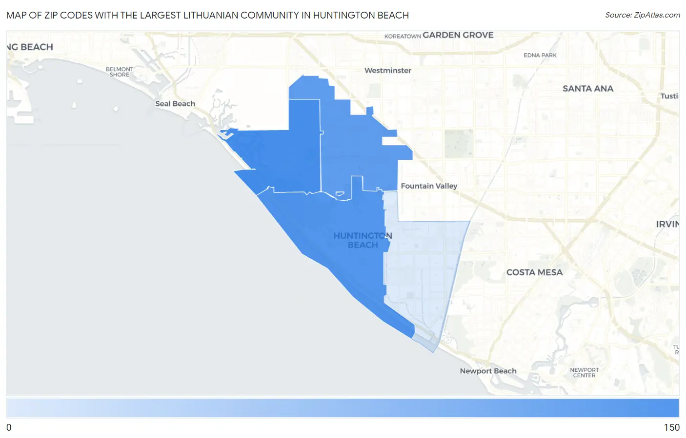 Zip Codes with the Largest Lithuanian Community in Huntington Beach Map