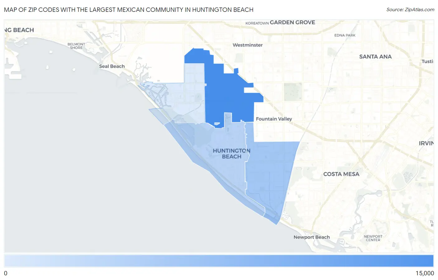 Zip Codes with the Largest Mexican Community in Huntington Beach Map