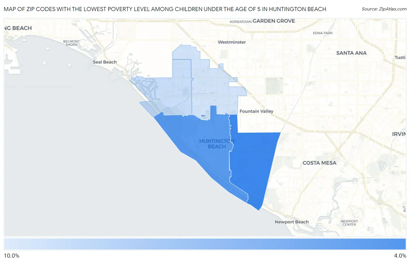 Zip Codes with the Lowest Poverty Level Among Children Under the Age of 5 in Huntington Beach Map