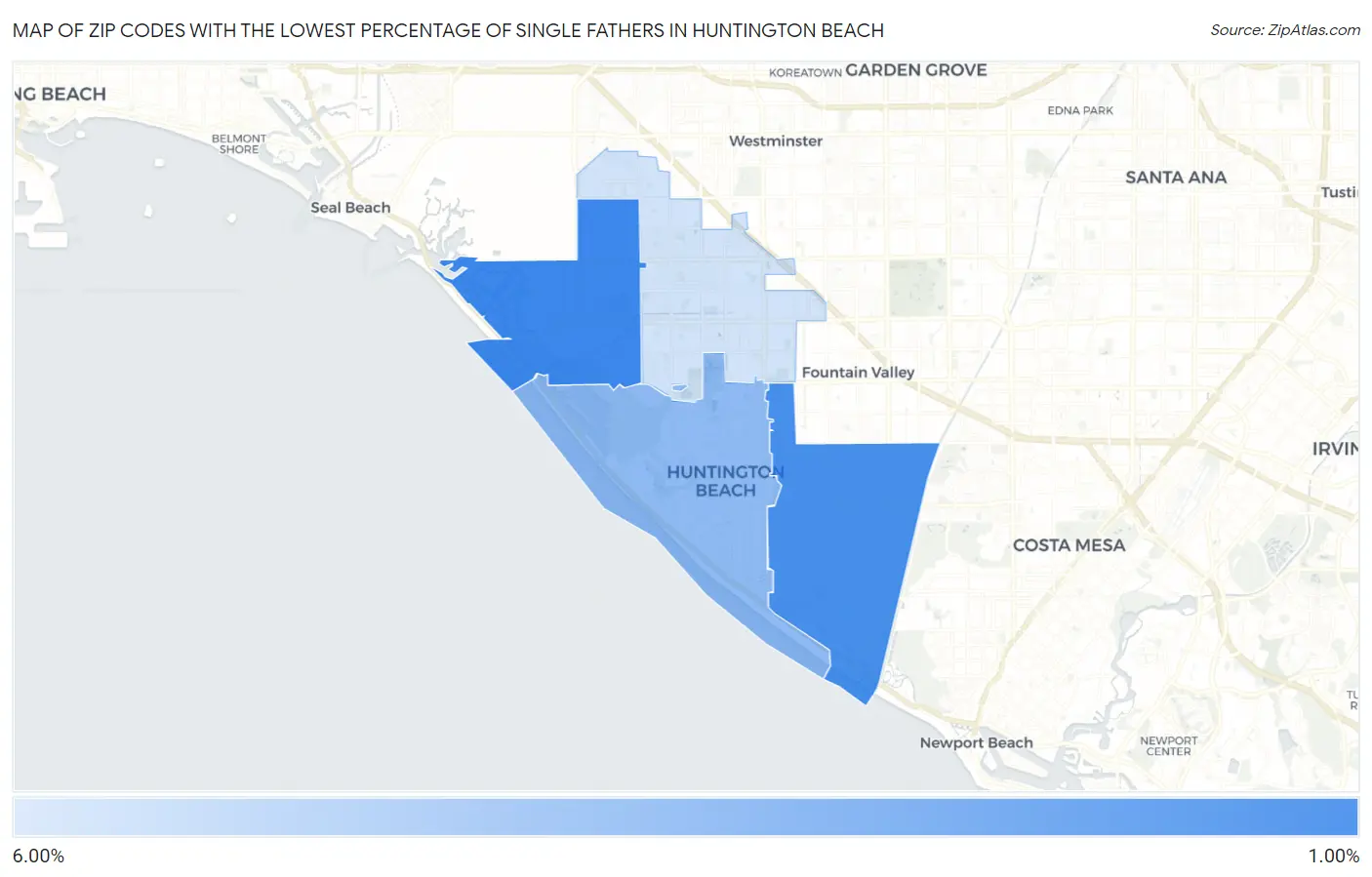 Zip Codes with the Lowest Percentage of Single Fathers in Huntington Beach Map