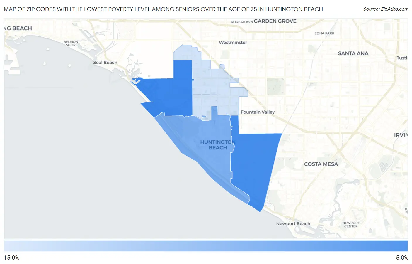 Zip Codes with the Lowest Poverty Level Among Seniors Over the Age of 75 in Huntington Beach Map