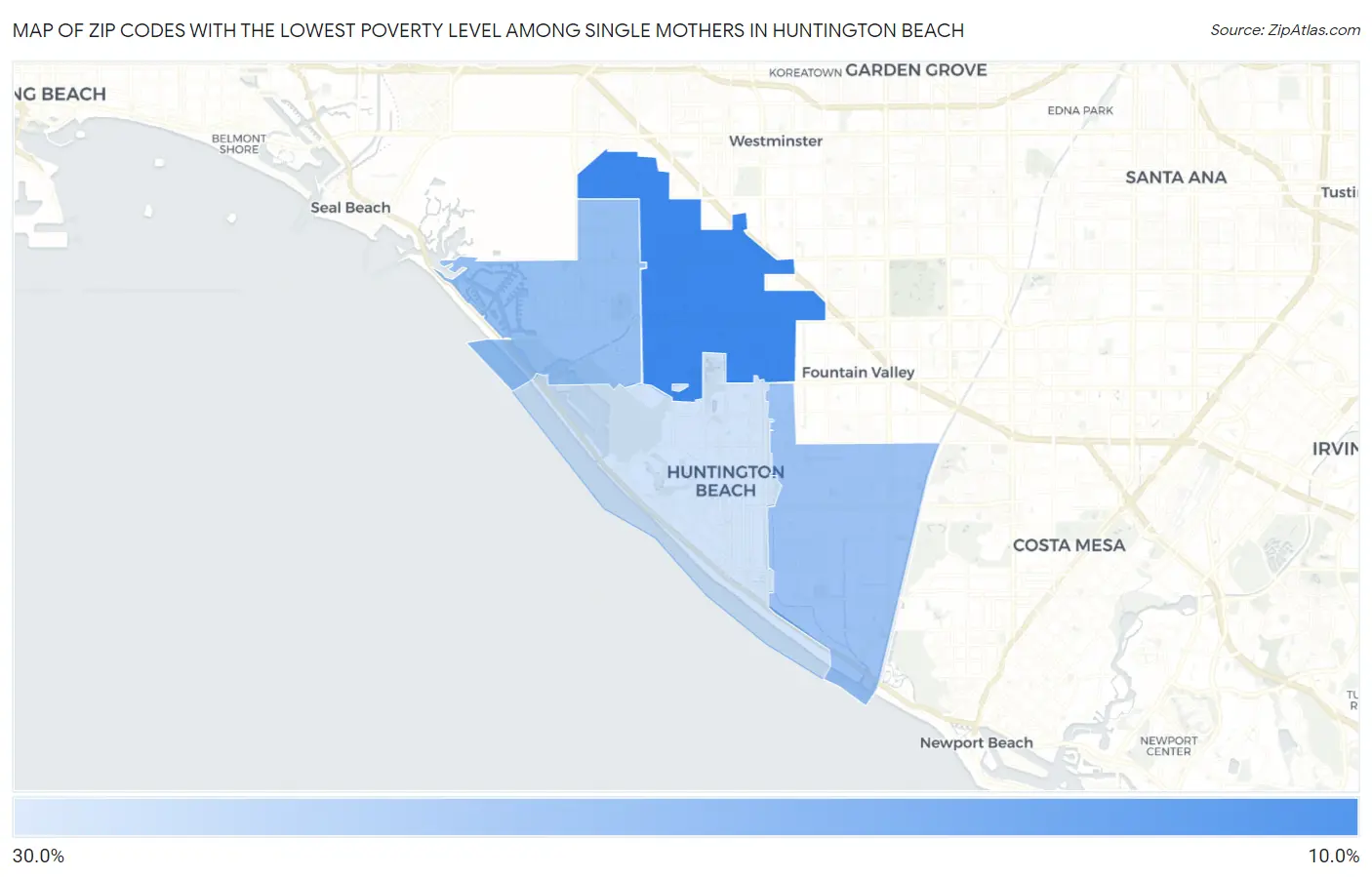 Zip Codes with the Lowest Poverty Level Among Single Mothers in Huntington Beach Map