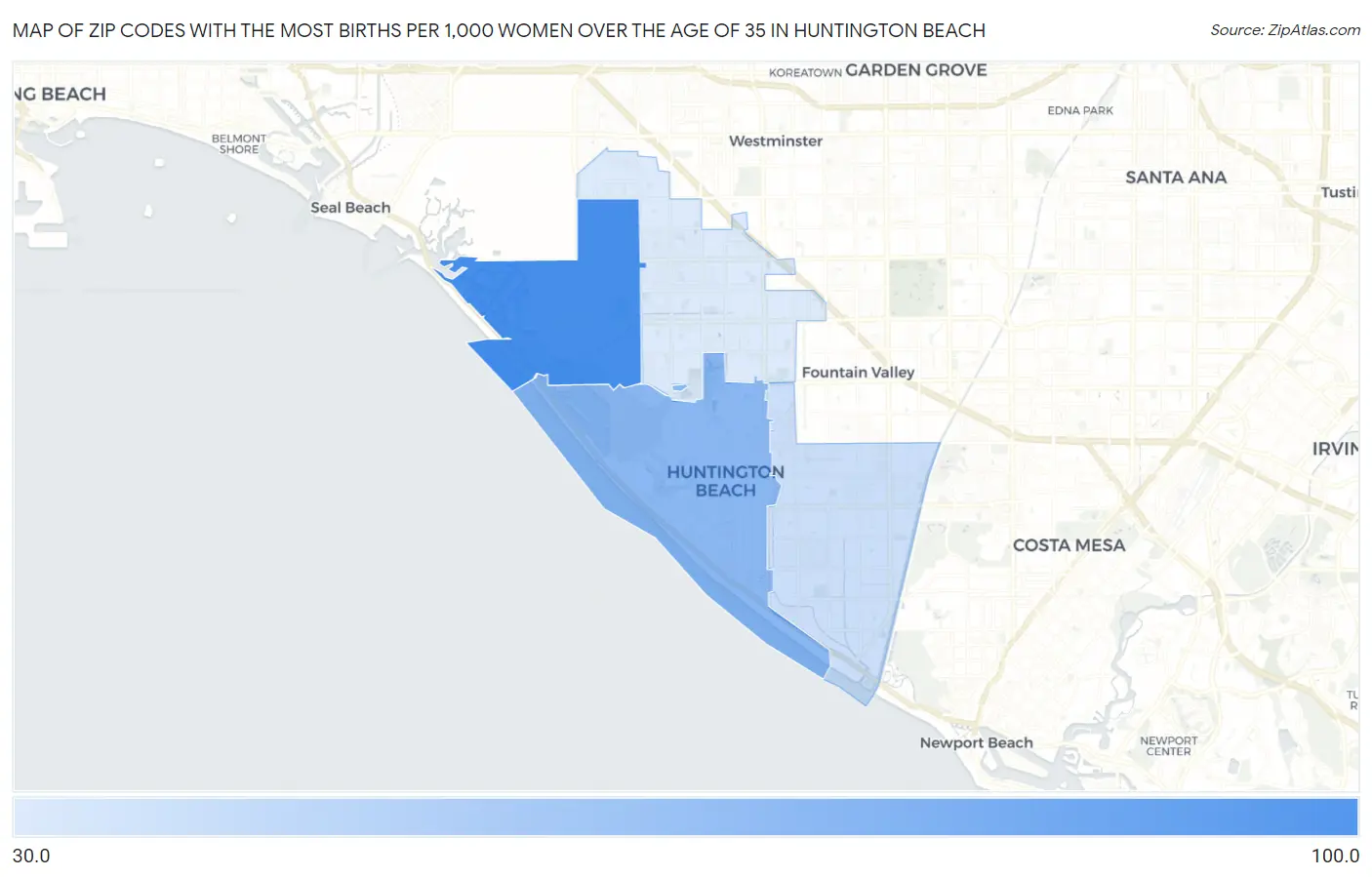 Zip Codes with the Most Births per 1,000 Women Over the Age of 35 in Huntington Beach Map