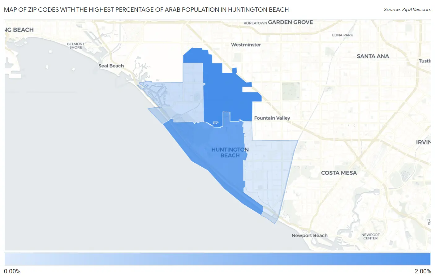 Zip Codes with the Highest Percentage of Arab Population in Huntington Beach Map