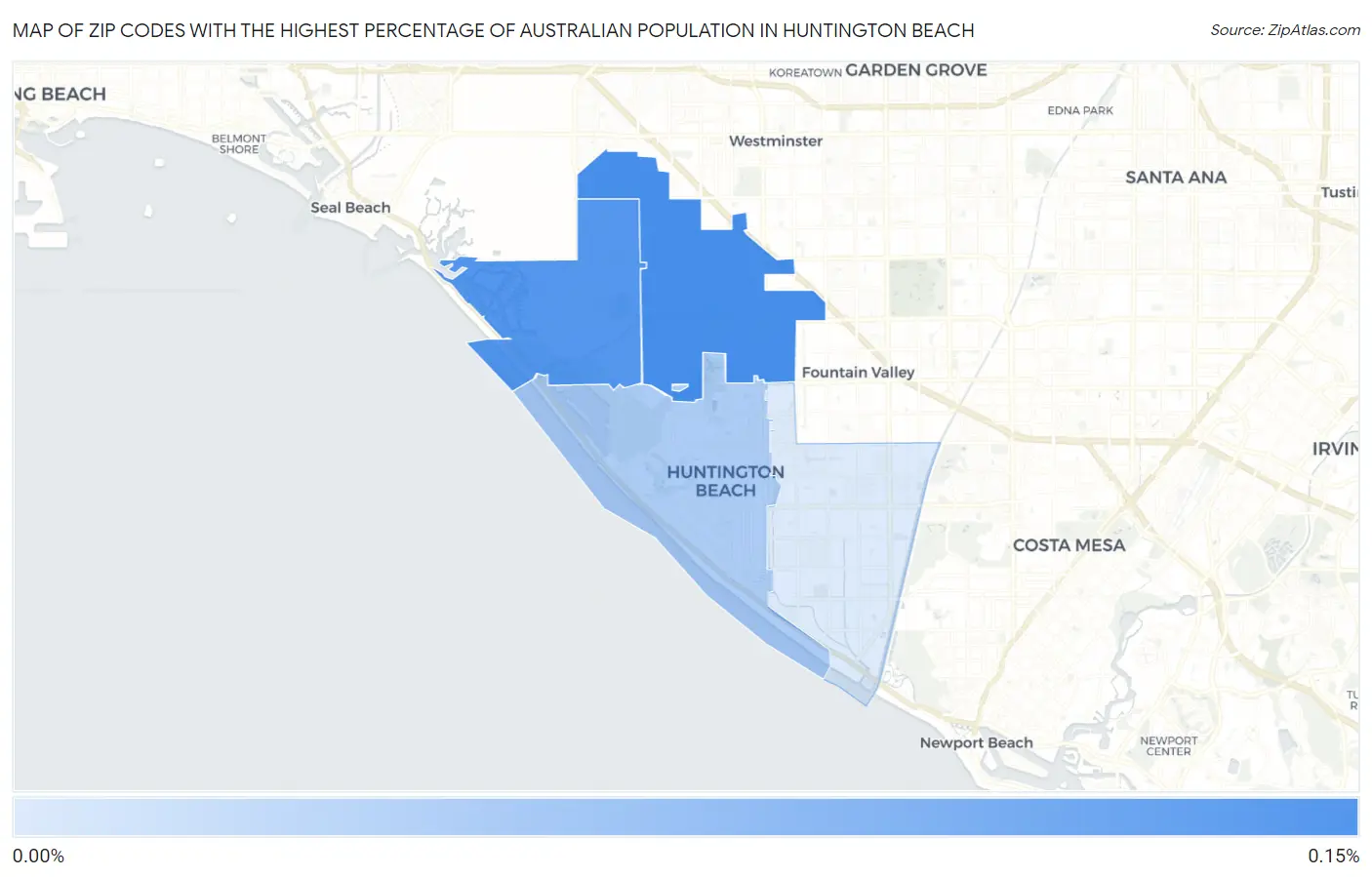 Zip Codes with the Highest Percentage of Australian Population in Huntington Beach Map