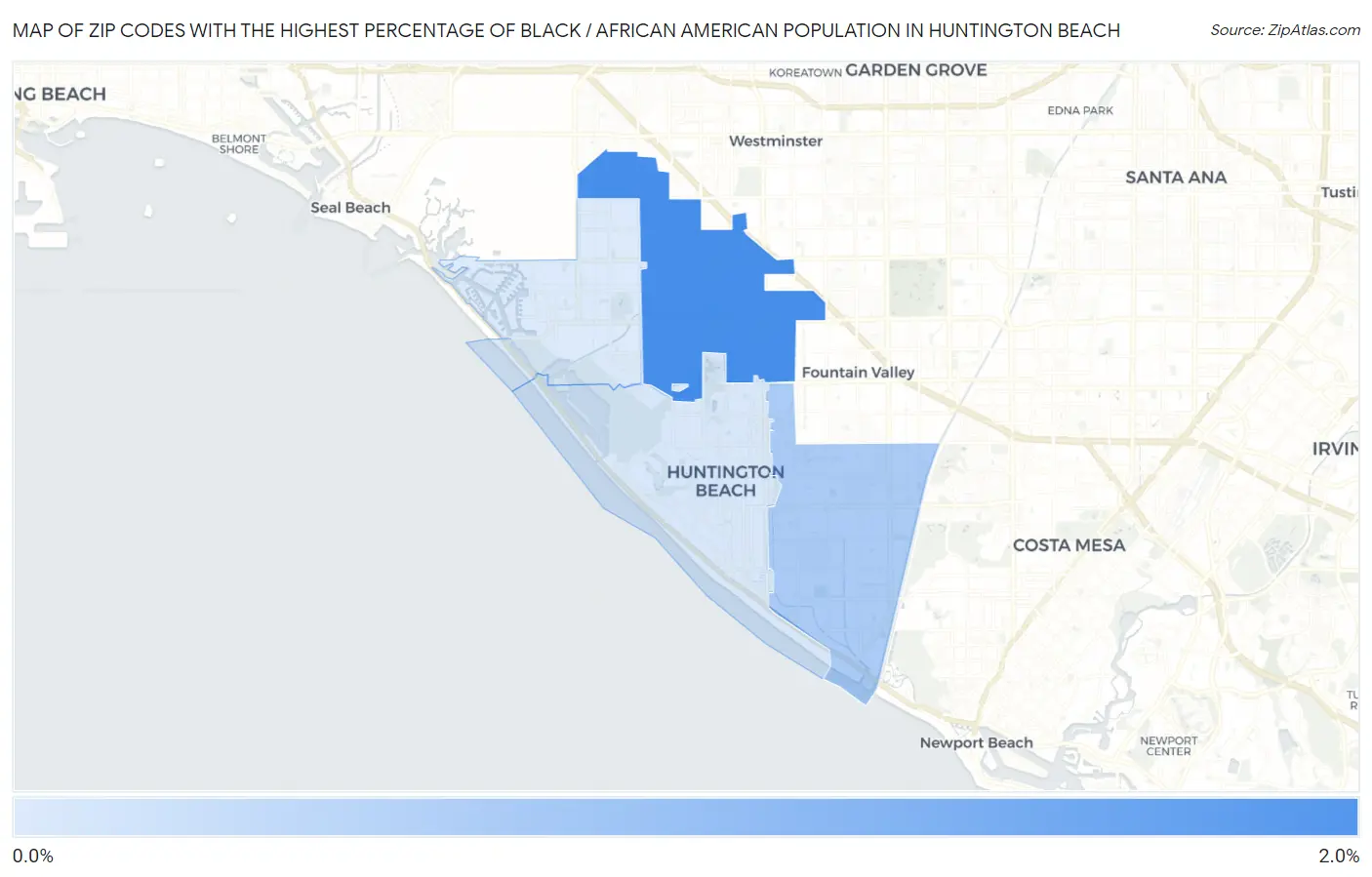 Zip Codes with the Highest Percentage of Black / African American Population in Huntington Beach Map