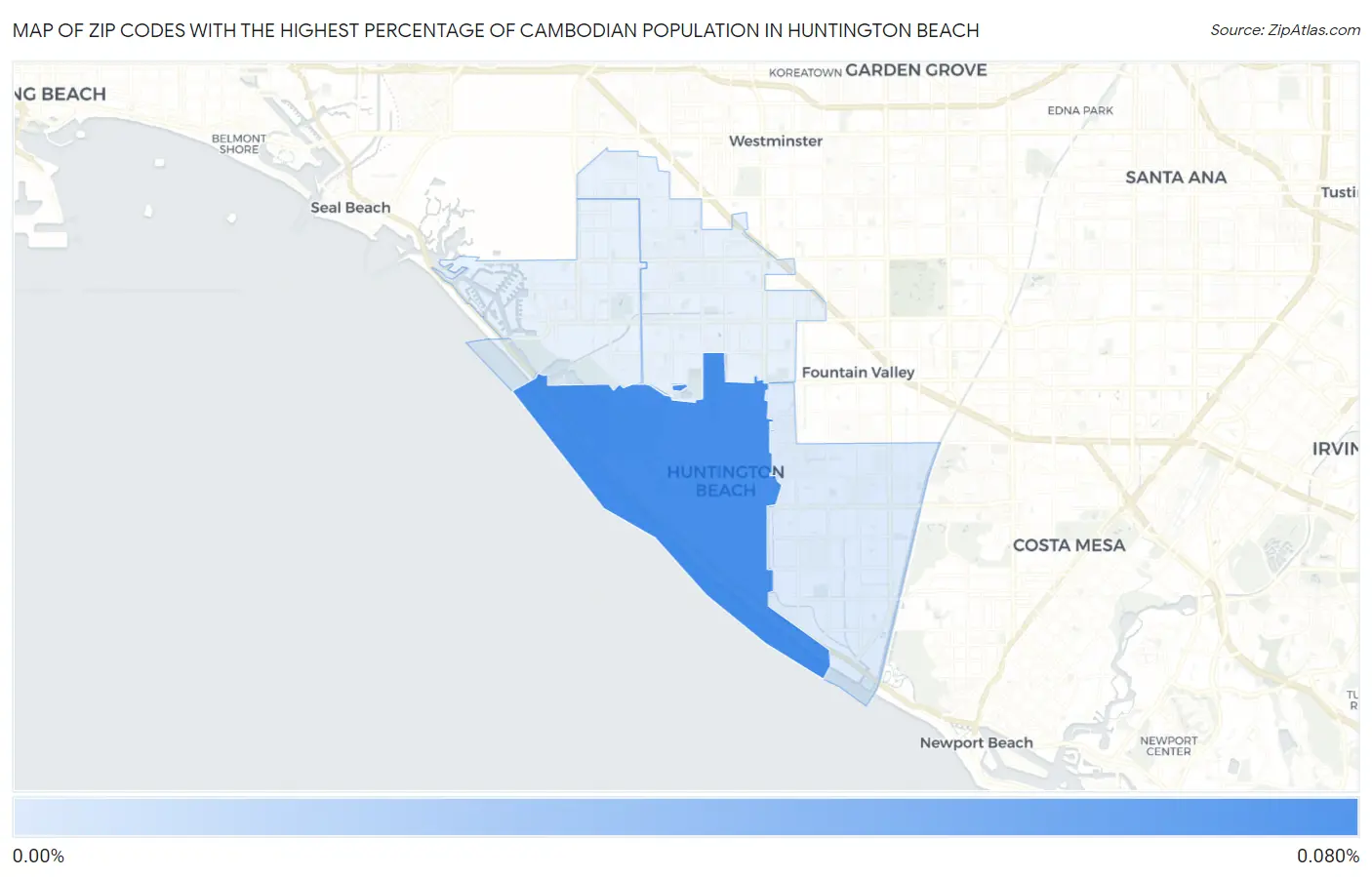 Zip Codes with the Highest Percentage of Cambodian Population in Huntington Beach Map
