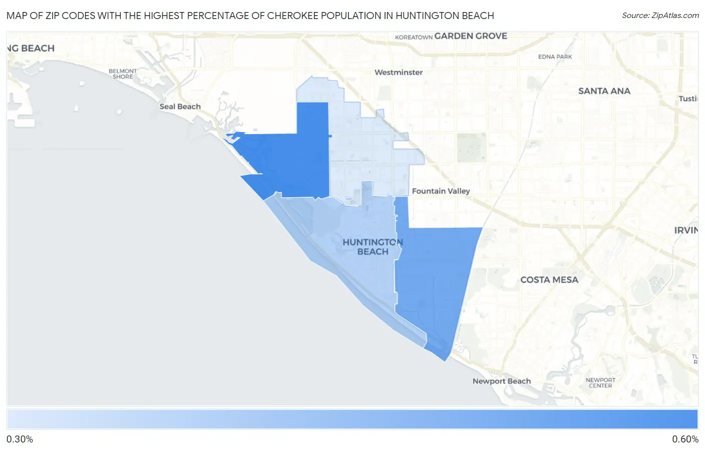 Zip Codes with the Highest Percentage of Cherokee Population in Huntington Beach Map