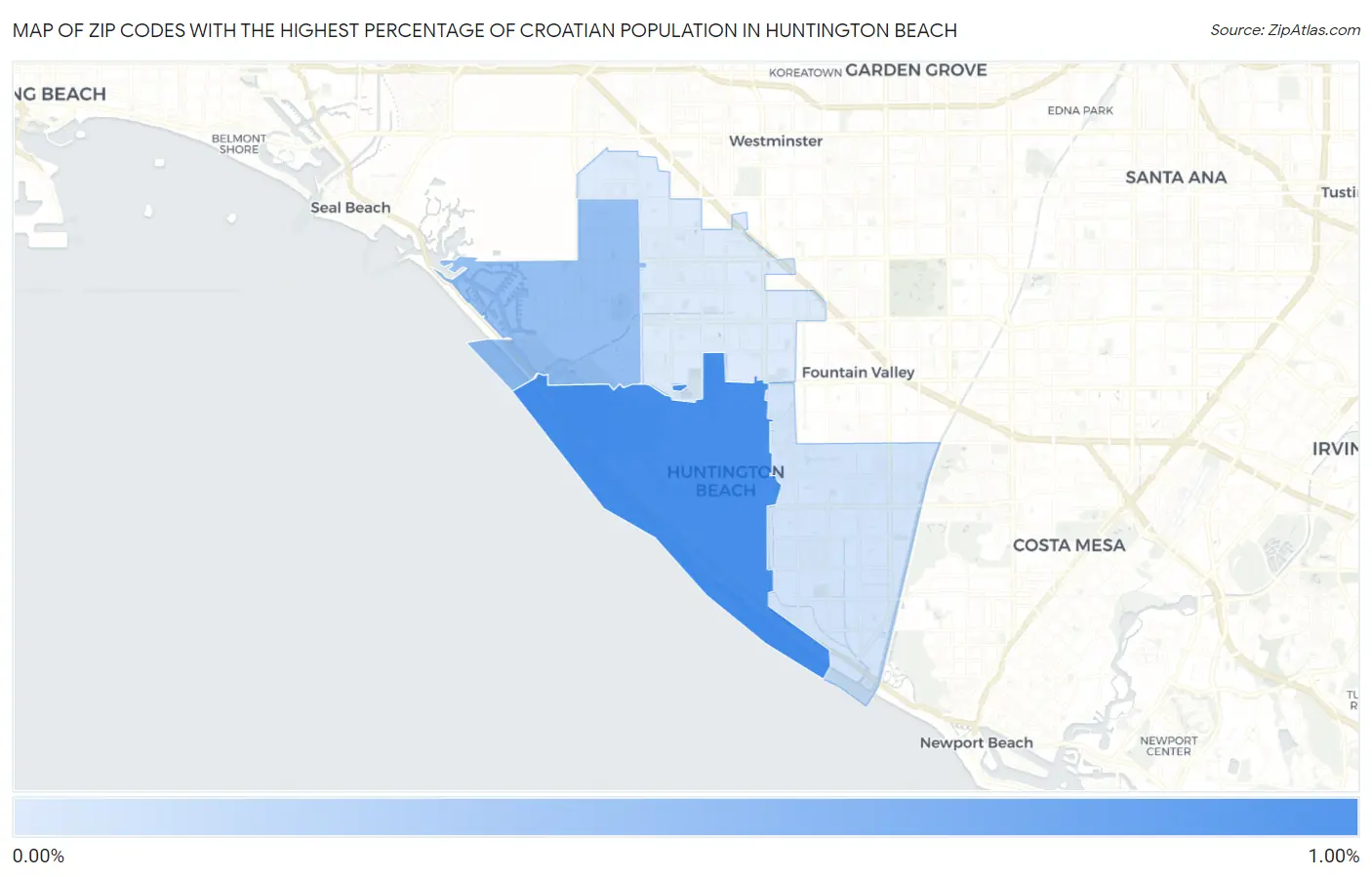 Zip Codes with the Highest Percentage of Croatian Population in Huntington Beach Map