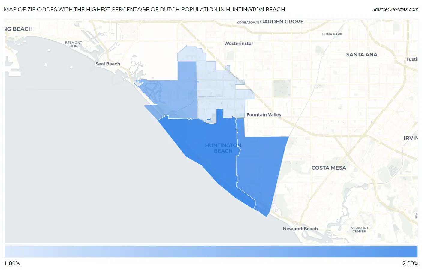 Zip Codes with the Highest Percentage of Dutch Population in Huntington Beach Map