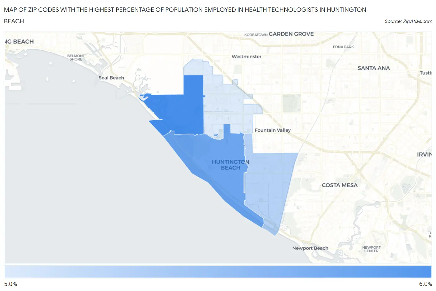Zip Codes with the Highest Percentage of Population Employed in Health Technologists in Huntington Beach Map