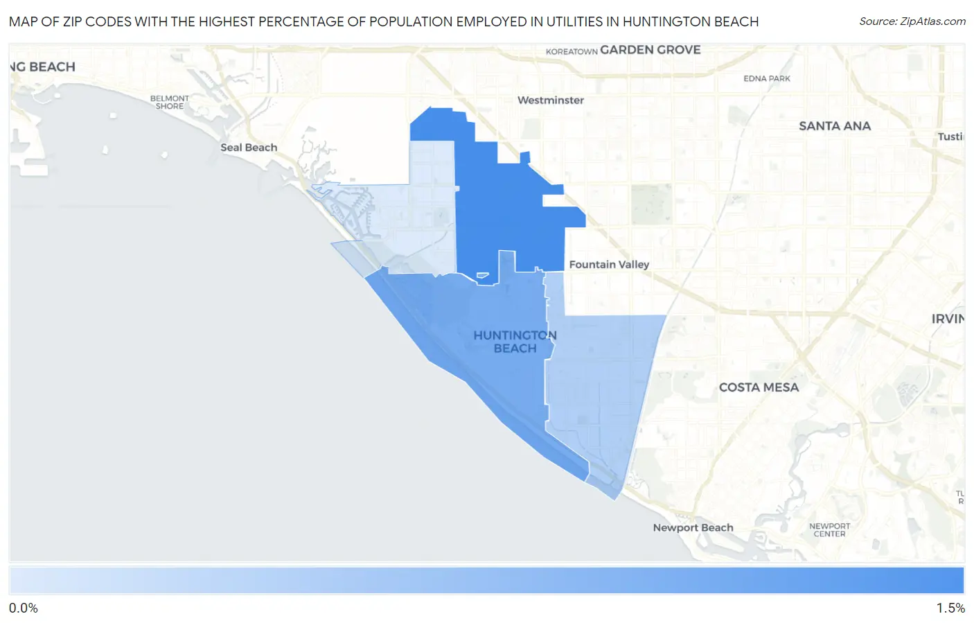 Zip Codes with the Highest Percentage of Population Employed in Utilities in Huntington Beach Map