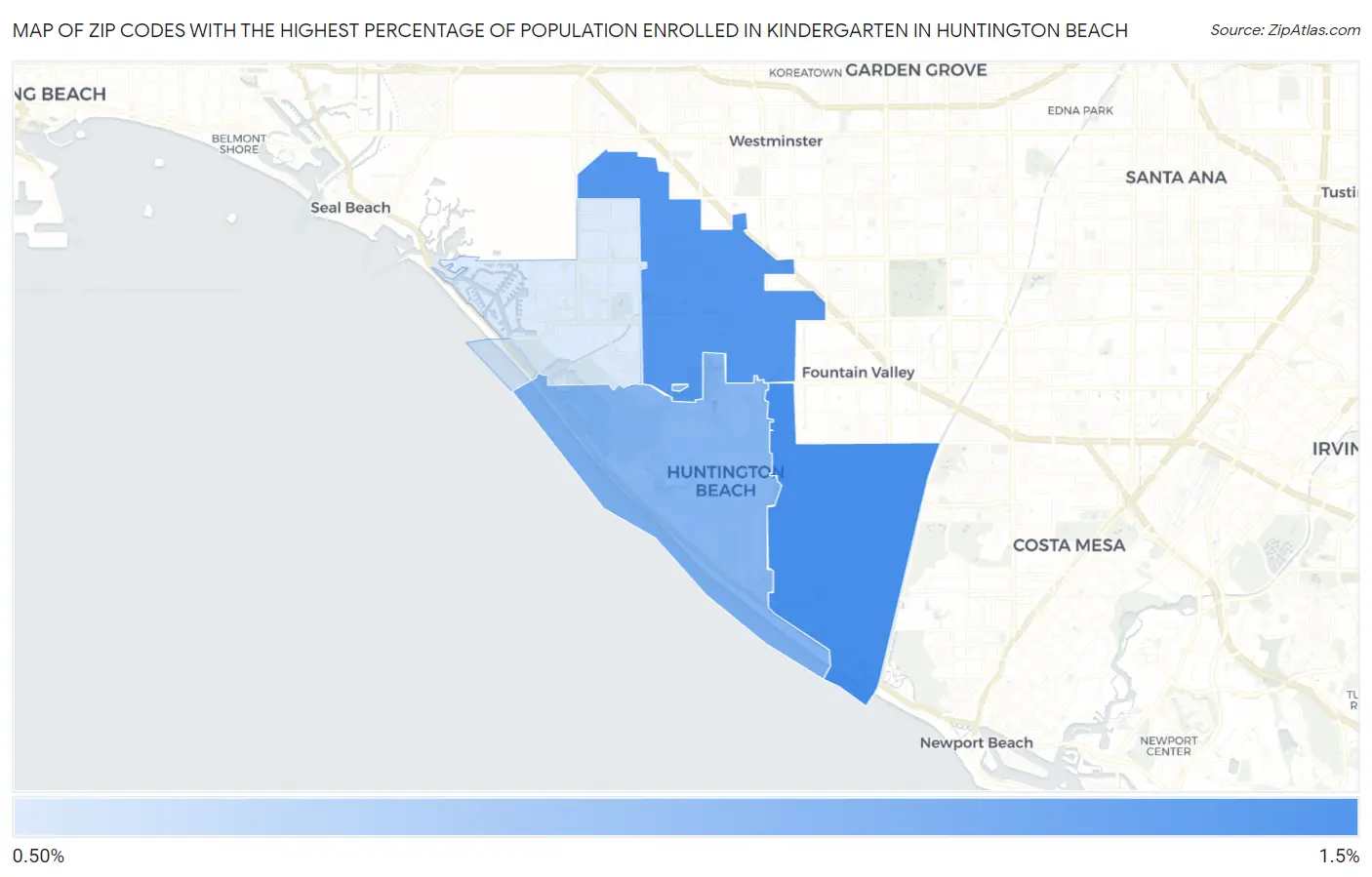 Zip Codes with the Highest Percentage of Population Enrolled in Kindergarten in Huntington Beach Map