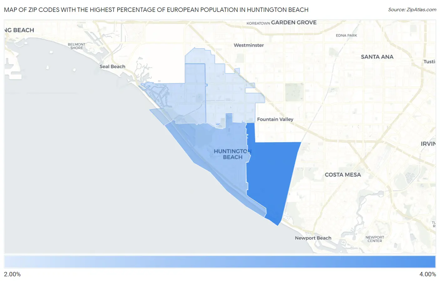 Zip Codes with the Highest Percentage of European Population in Huntington Beach Map