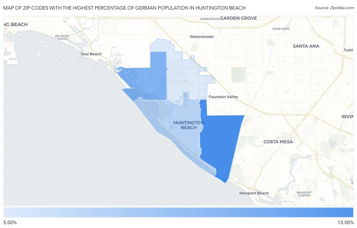 Zip Codes with the Highest Percentage of German Population in Huntington Beach Map