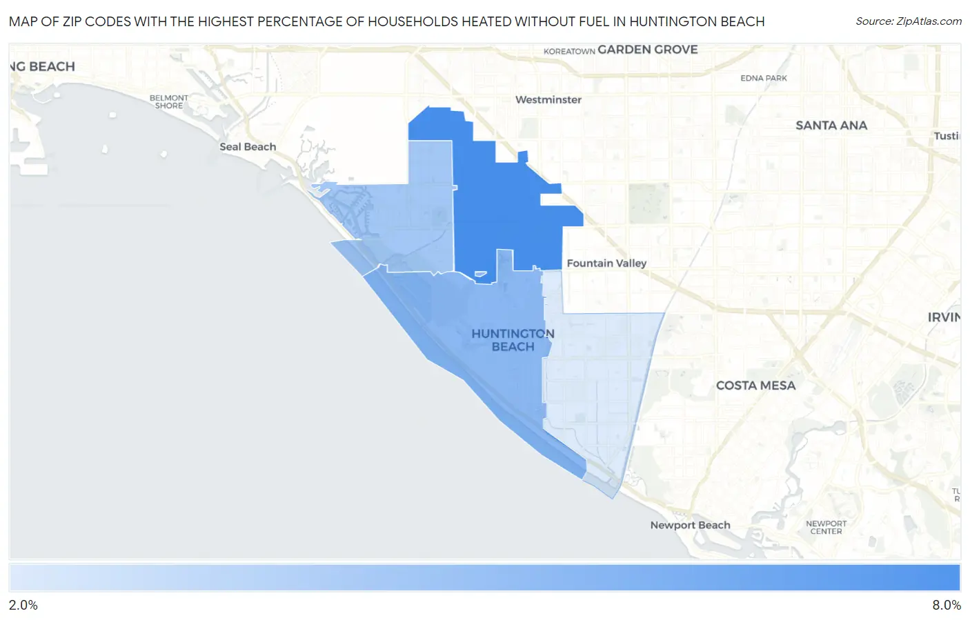 Zip Codes with the Highest Percentage of Households Heated without Fuel in Huntington Beach Map