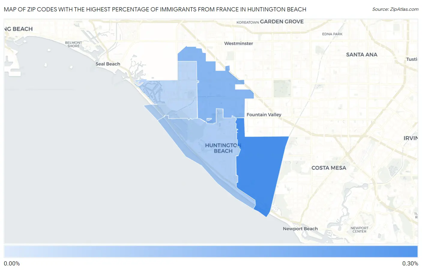 Zip Codes with the Highest Percentage of Immigrants from France in Huntington Beach Map