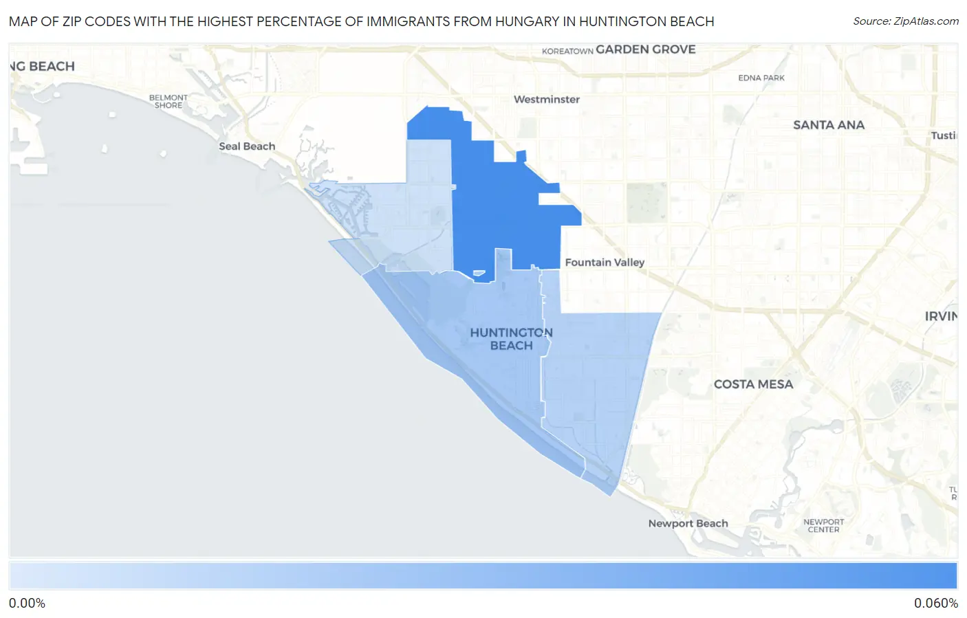 Zip Codes with the Highest Percentage of Immigrants from Hungary in Huntington Beach Map