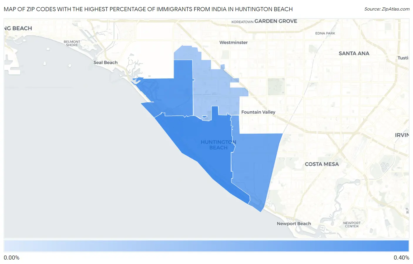 Zip Codes with the Highest Percentage of Immigrants from India in Huntington Beach Map