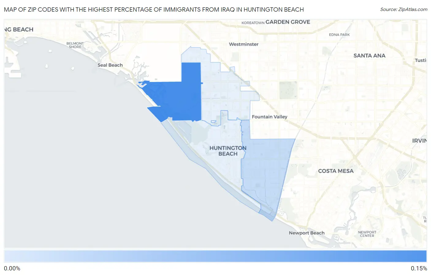 Zip Codes with the Highest Percentage of Immigrants from Iraq in Huntington Beach Map
