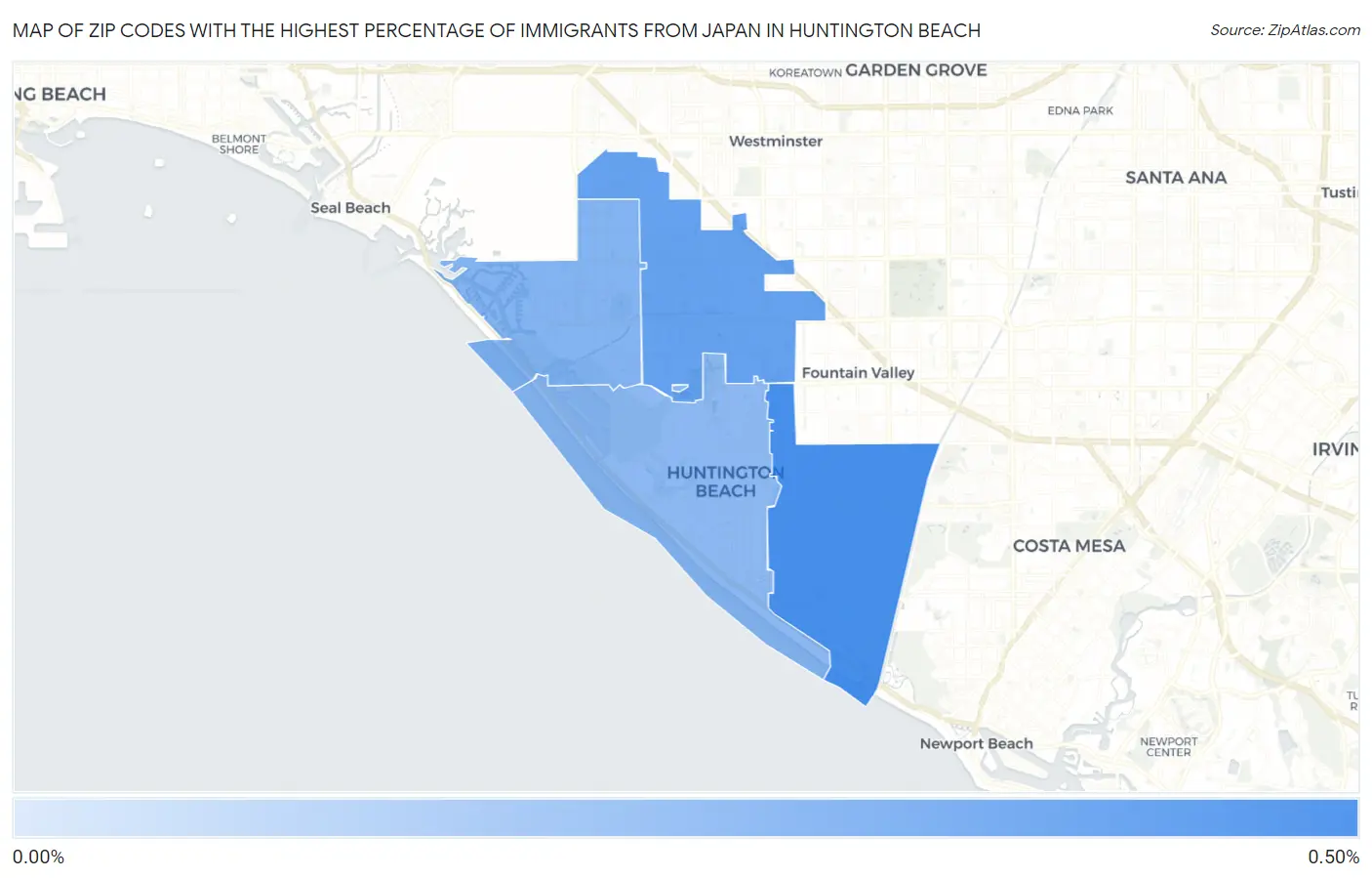 Zip Codes with the Highest Percentage of Immigrants from Japan in Huntington Beach Map