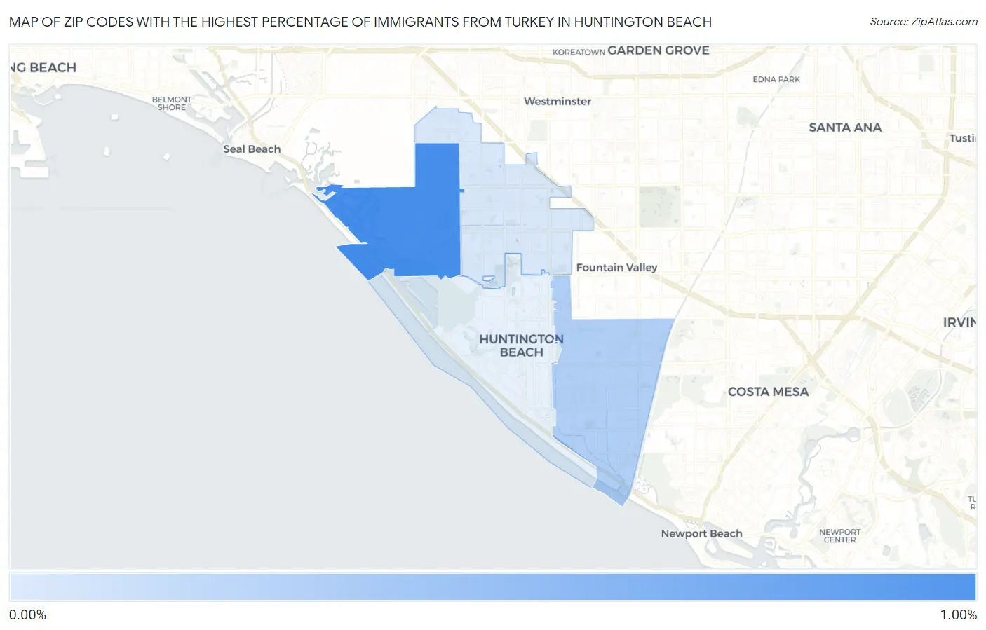 Zip Codes with the Highest Percentage of Immigrants from Turkey in Huntington Beach Map